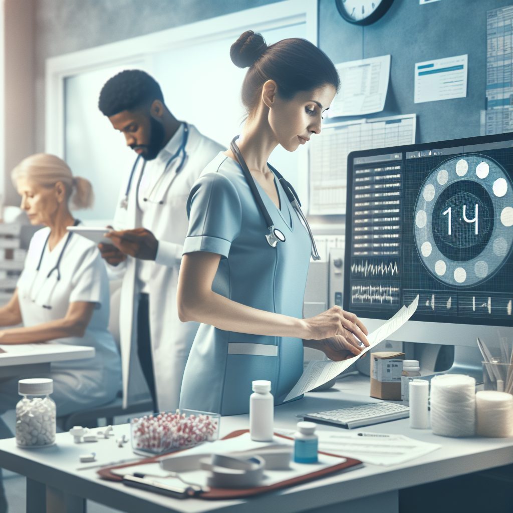 An image showcasing a busy nurse's station in a hospital. In the centre, there's a Caucasian female nurse working vigorously on paperwork. To her right, a Middle-Eastern male nurse is interacting with a computer screen, while a Black male nurse to her left is preparing medication. The environment should feel active and efficient. Time indicators such as a clock showing the time as 5 minutes past the hour and charts arranged neatly on a side table suggesting an organized routine. Please incorporate a sense of vitality like the image emanating a soft, energizing glow.