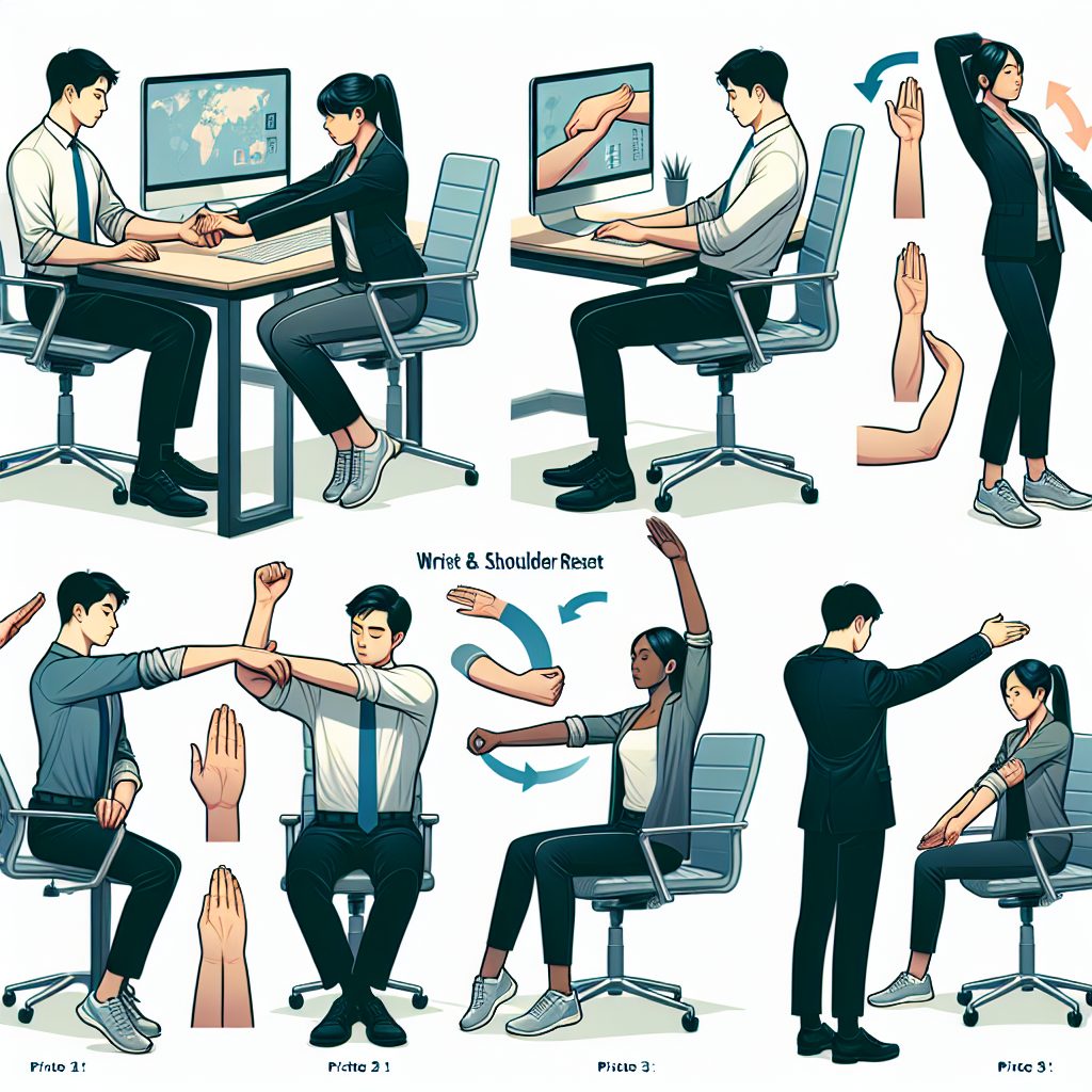Detailed visual guide showing various wrist and shoulder reset exercises. Picture 1: An Asian male professional seated at a modern desk, gently stretching his wrist against the desk surface. Picture 2: A Black female professional standing beside the desk doing arm circle exercises. Picture 3: A Hispanic male professional stretching his shoulder by raising his hand towards the ceiling while seated on an ergonomically designed chair. Picture 4: A Caucasian female professional doing a floor stretch exercise with her arms extended. Include written annotations explaining each exercise next to them.