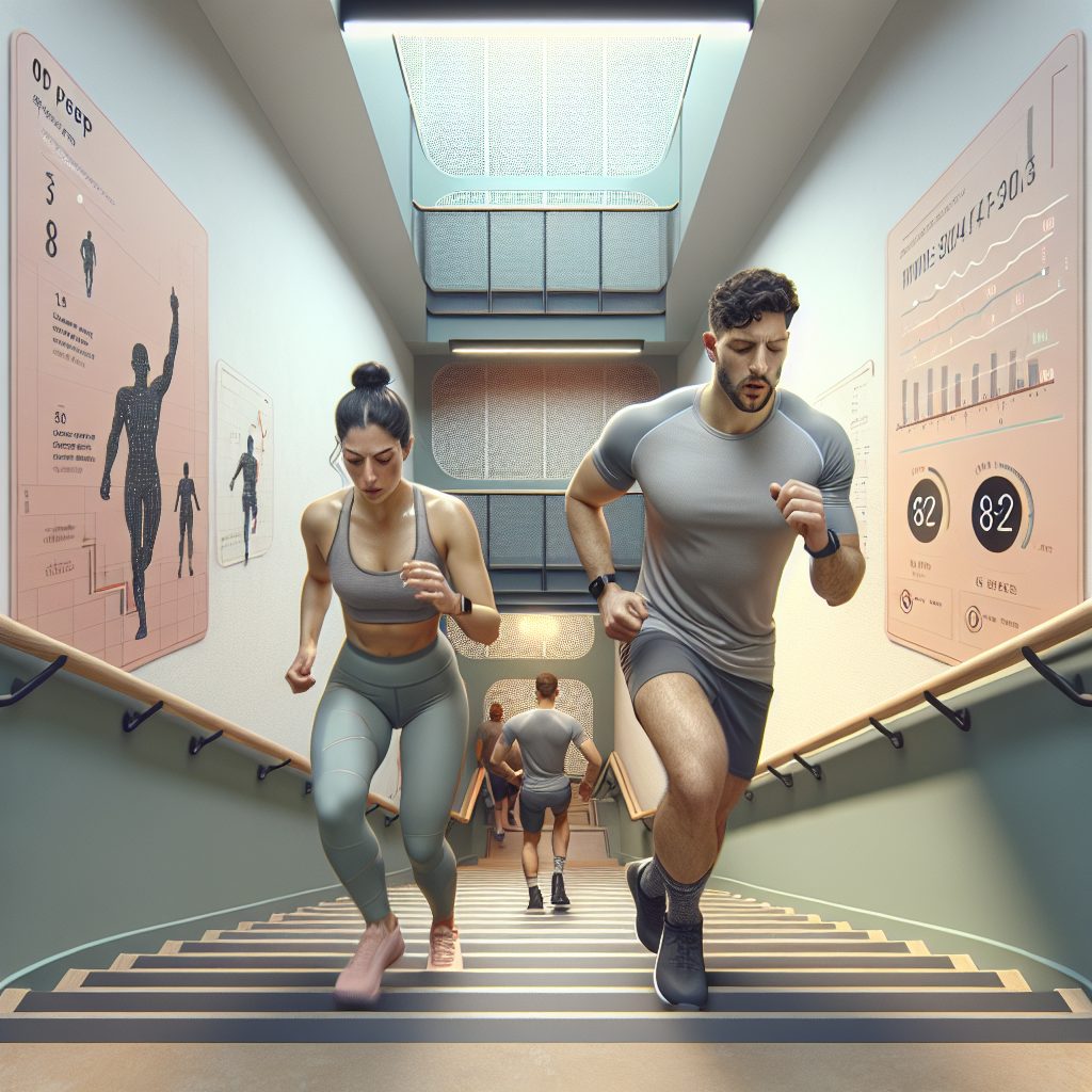 Imagine a bustling, indoor stairwell painted in soft pastel colors. A Middle-Eastern female and a Caucasian male, in their respective athletic clothes, are seen ascending the stairs with vigor and determination, perspiration glistening on their foreheads. They maintain synchronized steps, their faces reflecting intense concentration. There's a digital timer on the wall denoting the ongoing session of High Intensity Interval Training (HIIT). To one side there is a chart describing different levels of Stairwell Sprints exercises, along with encouraging phrases about health and achievement.
