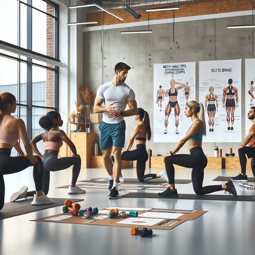 A fitness instructor of Caucasian descent showing a diverse in gender and ethnicity the correct ways of doing glute activation drills in a brightly lit, spacious gym. The instructor is demonstrating a key exercise: the glute bridge, while the participants, a South Asian woman, a black man, and a middle-eastern woman, are watching attentively, mirroring his actions. Some diagrams on the wall provide clear visual guides for perfecting the exercise form. A banner with the title 'Must-Have Tips for Effortless Shifts' hangs prominently in the frame.