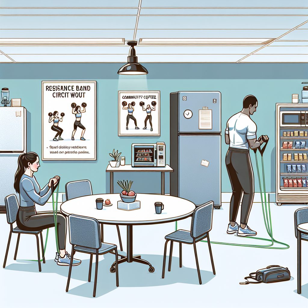 A circuit workout guide featuring resistance bands, situated in an office break room. In this multipurpose space, visualize the presence of a simple round table, fridge, typical office vending machine, and community coffee pot. Illustrate a South Asian woman actively using the resistance band with her arms for upper body exercises, and a Middle-Eastern man engaged in lower body workouts with the band around his ankles. On the wall, a whiteboard is showing instructions for the resistance band circuit workout. Highlight the feeling of effortless incorporation of exercise in their regular office environment.