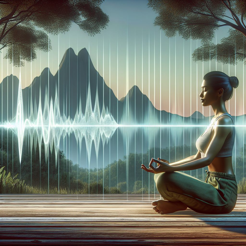 Visualize an illustrative image depicting an individual practicing breathwork as a means of calming their heart rate. The scene shows a serene landscape, perhaps a tranquil forest or peaceful coastline. The figure, a South Asian woman, sits cross-legged in a meditative position, with her eyes closed. She breathes deeply and rhythmically, demonstrated by the movement of her chest and abdomen. A semi-transparent visual akin to a pulsating rhythm or heartbeat is projected in the surroundings, gradually slowing its pace as she controls her breathing. The graphic should convey a sense of peace, tranquility, and wellness.