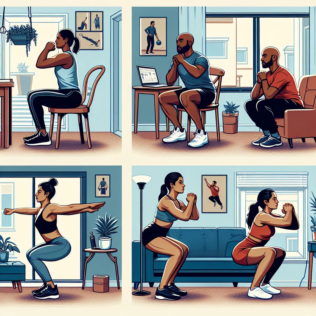 Create an image showcasing multiple variations of chair squats being performed by a diverse range of individuals in small spaces. Illustrate a South Asian woman doing a single-leg chair squat in a compact living room, a Black man performing a wide-stance chair squat in a narrow home office, and a Middle-Eastern man executing a pistol chair squat in a small bedroom. Also, show a Hispanic woman doing a basic chair squat in a tiny kitchen. Each individual should be shown focusing and exerting effort to maintain proper form within their limited space.