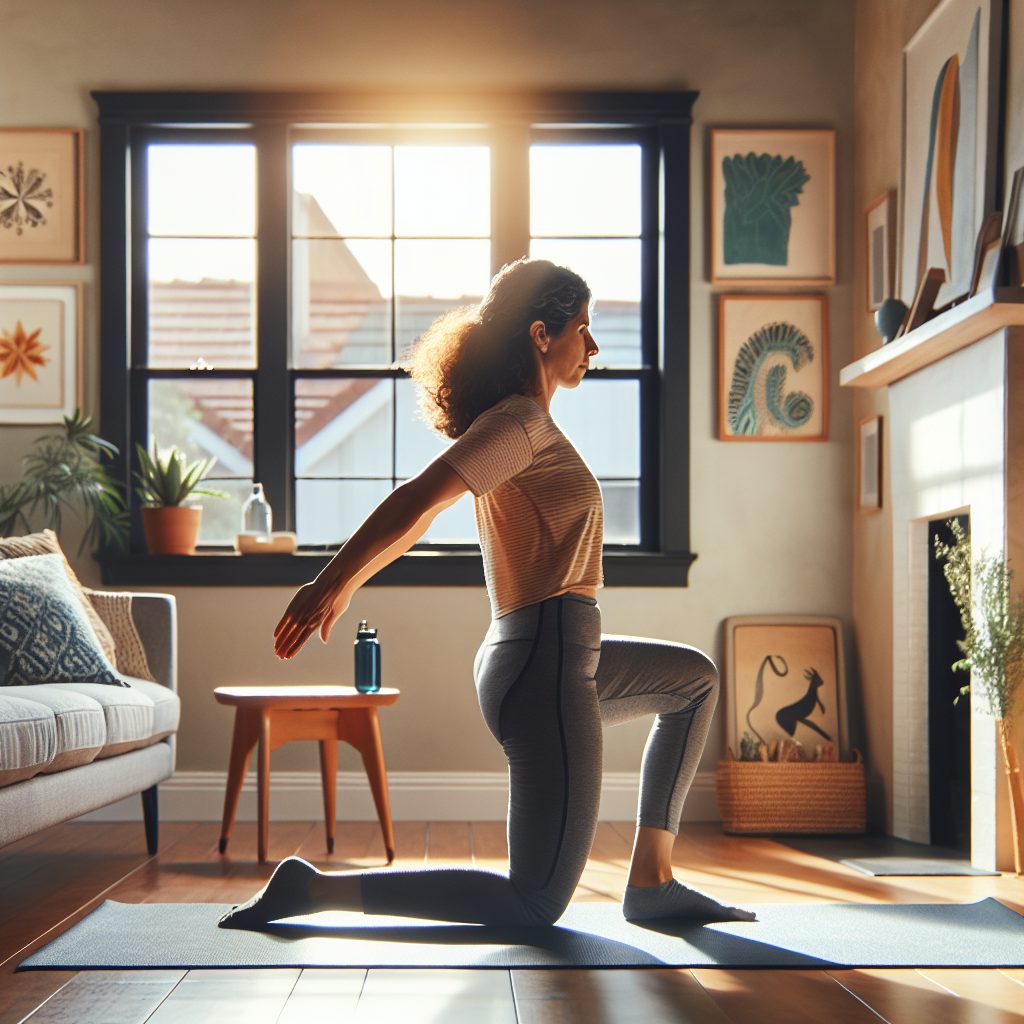 Create an image displaying a middle-aged Hispanic woman conducting a hip hinge exercise in her home's brightly lit living room. She is focusing on maintaining a straight back and is demonstrating using effortless technique. she securely positioned her feet apart, and bending at her hips to form a near 90-degree angle between her torso and legs, with her arms extended parallel to the floor in front of her. A side view would properly showcase her exact positioning. Further embellish this setting with yoga mat on hardwood flooring and a water bottle nearby for hydration.