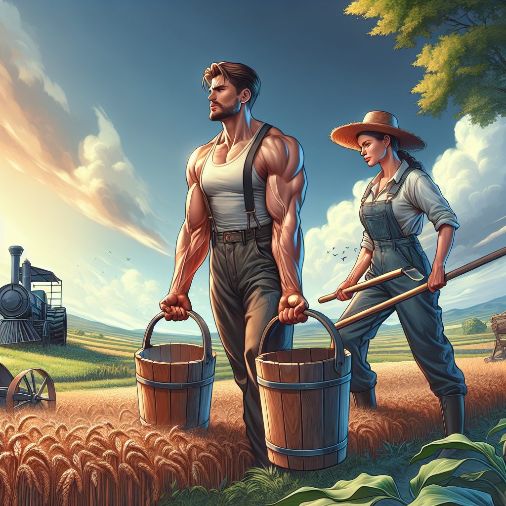 Depict a serene rural landscape with two farmers performing their daily tasks. One Caucasian male farmer is in the midst of farmer's carry training with a pair of wooden buckets filled with water, accentuating his muscularity and determination. A Hispanic female farmer, wearing a straw hat and rugged overalls, watches him attentively, holding a hoe in one hand. Near them is a vast grain field under a sunny sky. Encompassed sporadically around the field are farm equipment and bales of hay. Use this image as a visual representation of the strength and resilience inherent in farming work.