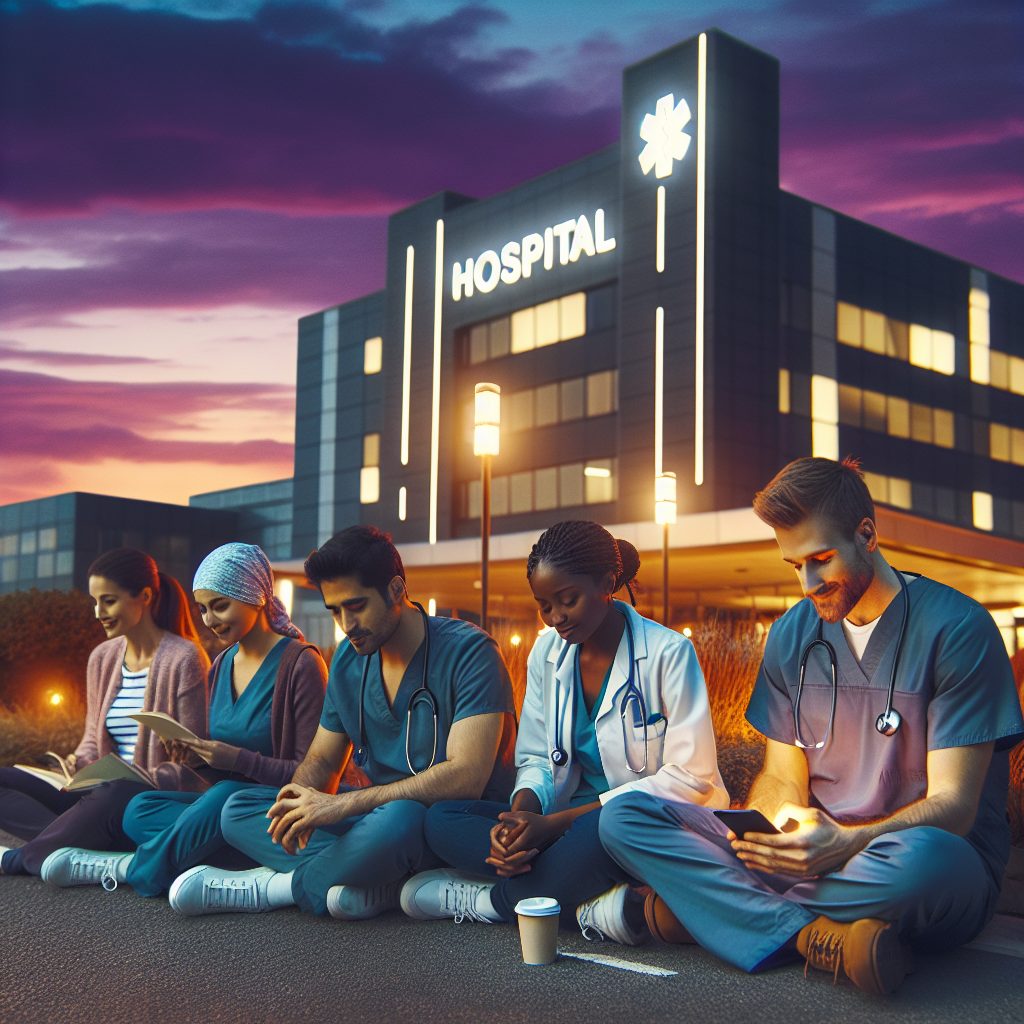 Picture an atmospheric scene at dusk as a group of diverse healthcare professionals, including a Middle-Eastern male nurse, a Caucasian female doctor, a South Asian male paramedic, and a Black female pharmacist, are leaving a modern hospital building after their tough shift. They are engaging in different activities to unwind, such as reading a book, doing yoga, listening to calming music, and sipping hot tea. The sky has hues of orange and purple, and the building's sign glows with comforting, warm light.
