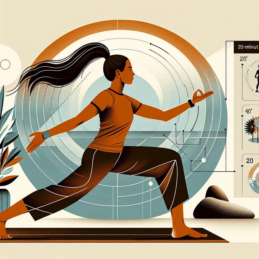 A detailed image showcasing a person demonstrating the movements of a 20-minute mobility routine designed especially for feet health. Image should depict a calming environment with a mat for the person to stand on, maybe a living room or a yoga studio. The person, a fit Hispanic woman with long hair tied in a high ponytail, is positioned mid-motion, showing the movements of the routine. Half of the image should include infographics briefly outlining the steps of the 20-minute routine. Please depict different types of movements in the infographics on the right part of the image.