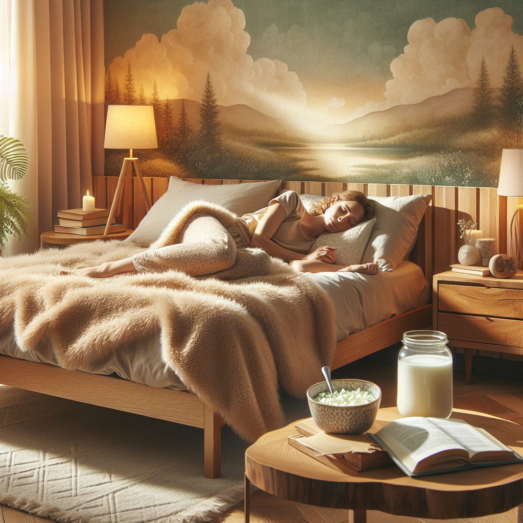 Create a soothing and welcoming image encapsulating the concept of ultimate recovery through napping. Picture a cozy, warmly lit room with soft, inviting textures. In the center, a fluffy comfortable-looking bed made up with a calming color scheme. A gentle nature-inspired wallpaper adorns the walls, emphasizing tranquility. On the bed, there is a person of Caucasian descent, dressed in comfortable sleepwear, peacefully napping, indicating rest and rejuvenation. On a nearby oakwood bedside table, there are books about healthy sleep habits and a glass of warm milk, symbolizing the preparation for effective rest. A softly glowing lamp provides a warm and comforting ambiance.