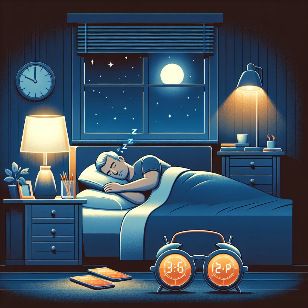 An informative, detailed graphical illustration for an article about the effects of blue light on sleep health. The scene depicts a comfortable bedroom at night. A middle-aged Caucasian man is peacefully sleeping in a dark room, with a night-stand next to him that holds an analog alarm clock. His phone is turned off and resting far from his reach. There are also special orange-tinted spectacles on the table, indicating the usage of blue-light filtering glasses for bedtime reading. A moonlight streaming softly through the window further enhances the calm, restful atmosphere.