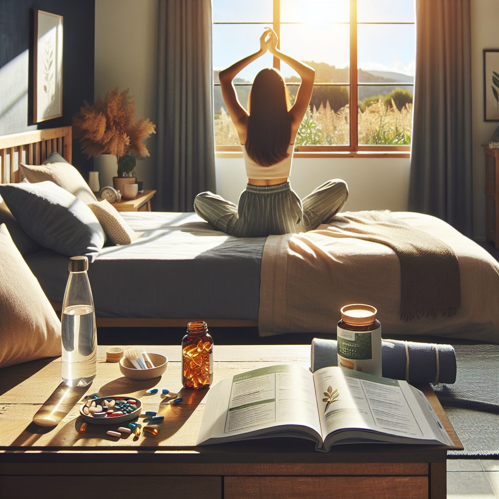 Create an image that represents a morning-after routine for optimal recovery. Detail a tranquil bedroom with sunlight gently illuminating through the window. The space is filled with wellness items on a bedside table including a water bottle, vitamins and a nurturing skincare regime. An open wellness guidebook lies on the bed with tips on hydration, nutrition and sleep. There is a peaceful and refreshed individual of South Asian descent, wearing comfortable loungewear, doing light stretching exercises in the room. The relaxed atmosphere should signify the importance of recovery and self-care post daunting day.