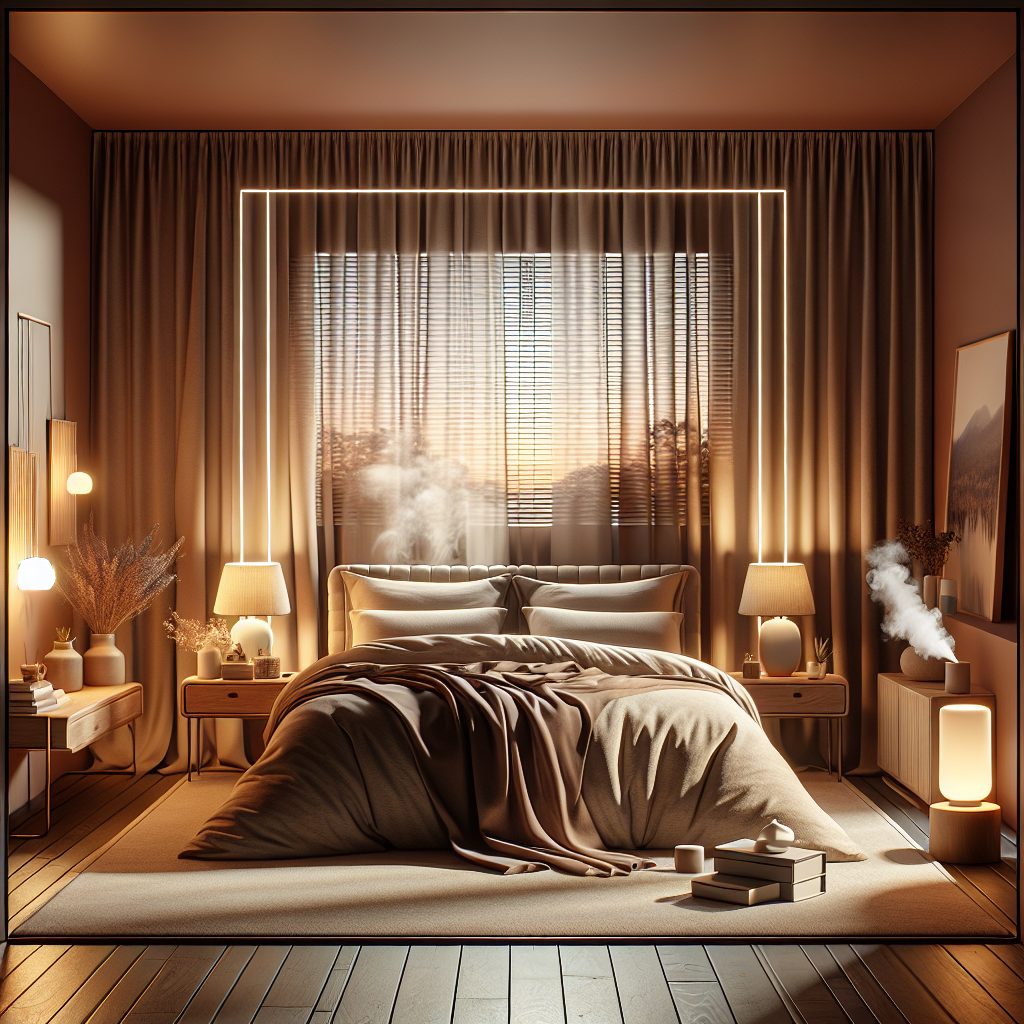 Visualize a serene and tranquil bedroom designed for optimal sleep. Picture a roomy bed fitted with luxurious, soft sheets in soothing earth tones. There are blackout curtains on the window, and the room is subtly lit with warm, dimmable lights to provide gentle illumination. The calming decor features minimalist accents, and there's an aroma diffuser emitting a soft Llavender scent in a corner. A small shelf is stocked with relaxing sleep-inducing novels, while a white noise machine rests subtly on the nightstand. All these elements are arranged harmoniously to create an affordable, stunning comfort haven conducive for a good night's sleep.