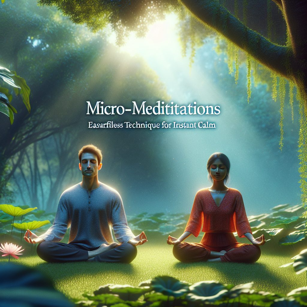 A tranquil scene of a lush, green garden, during the early hours of the morning, with soft sunlight filtering through the leaves. In the midst of this natural setting, a Caucasian man and a South Asian woman are practising micro-meditation techniques. Both of them are sitting on the dew-soaked grass, in a lotus position, with their eyes closed, immersed deep in meditation. The man is visualizing a calming ocean wave, while the woman is focusing on a vibrant blooming lotus. Above them, the caption reads, 'Micro-Meditations: Effortless Techniques for Instant Calm'.