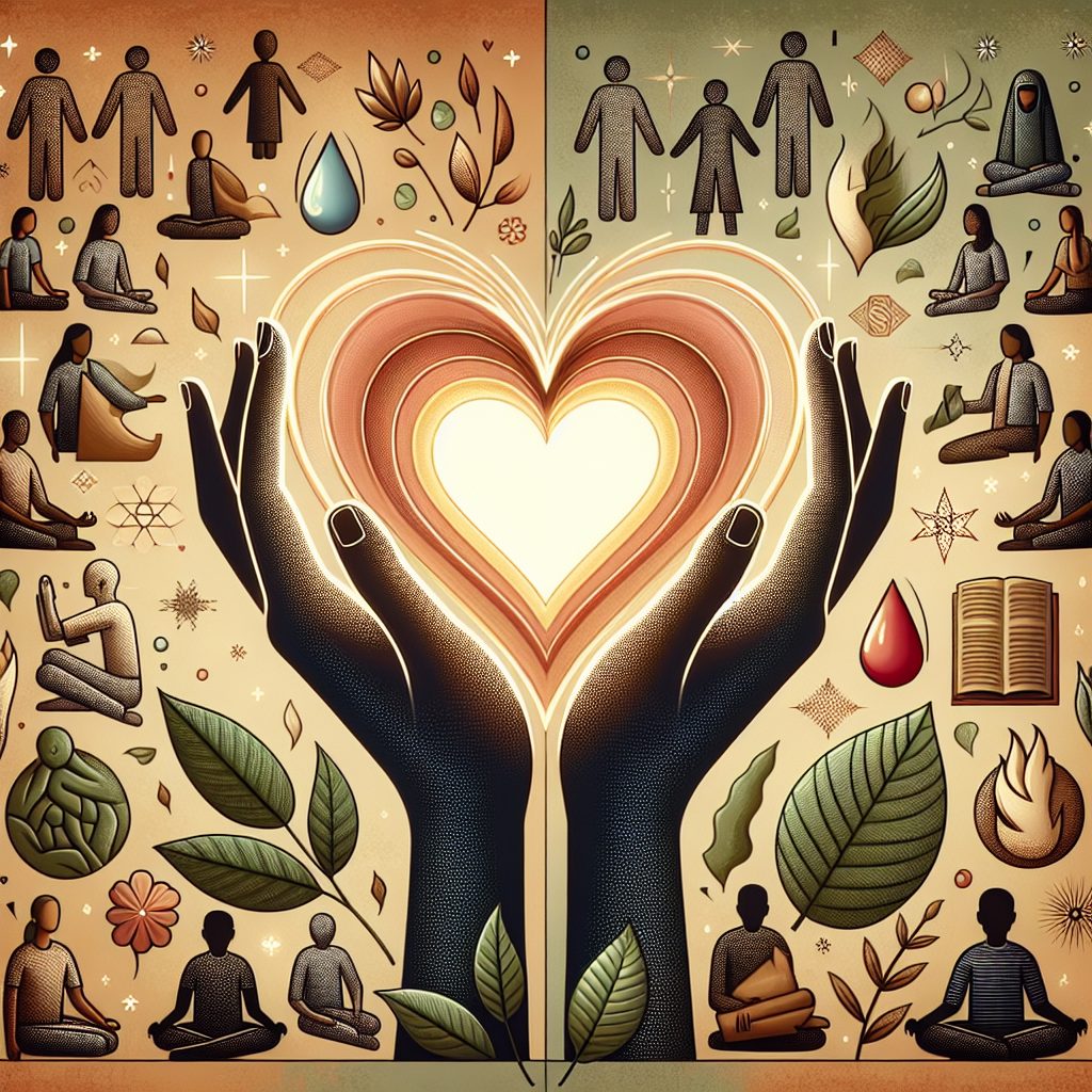 Create an image that visually represents Compassion Fatigue. The image has a central theme of a pair of hands, one White male and one Black female, cradling a glowing heart together, symbolizing empathy and care. The heart, however, is gradually fading at the borders indicating the loss of energy. Surround the hands and heart with subtle background images of people from various descents, like Caucasian, Hispanic, Middle-Eastern, South Asian, to represent the breadth of people experiencing Compassion Fatigue. In each corner of the image, depict small icons related to self-care and resilience, like a leaf, water droplet, yoga pose, and a book symbolizing nature, hydrating, mindful practice, and knowledge respectively.