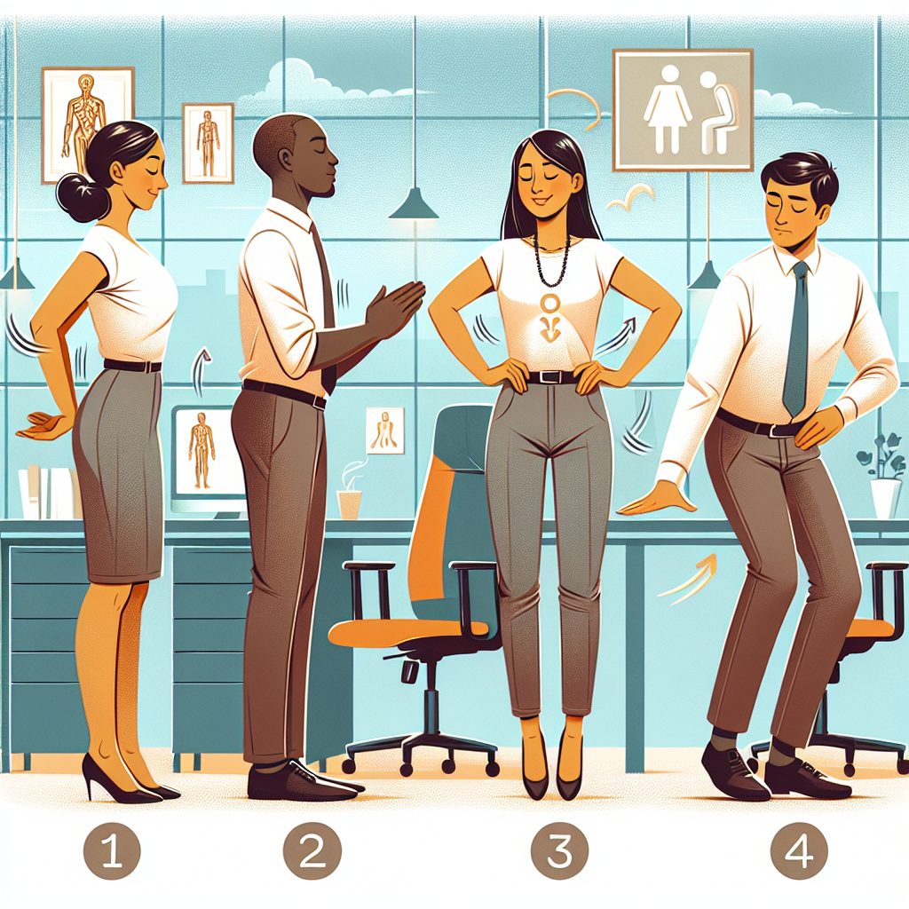 A lively, educational illustration that details four easy ways to improve posture while standing. It should include an office setting as a background with a diverse group of individuals practicing the following techniques: 1) A Hispanic woman consciously aligning her ears, shoulders, and hips to form a straight line, showing a correct standing posture. 2) A Black man shifting his weight onto the balls of his feet to maintain balance. 3) A Caucasian man gently pulling in his abdomen to support his lower back. 4) A South Asian woman adjusting her shoulders so they're not slouching, demonstrating upright posture.