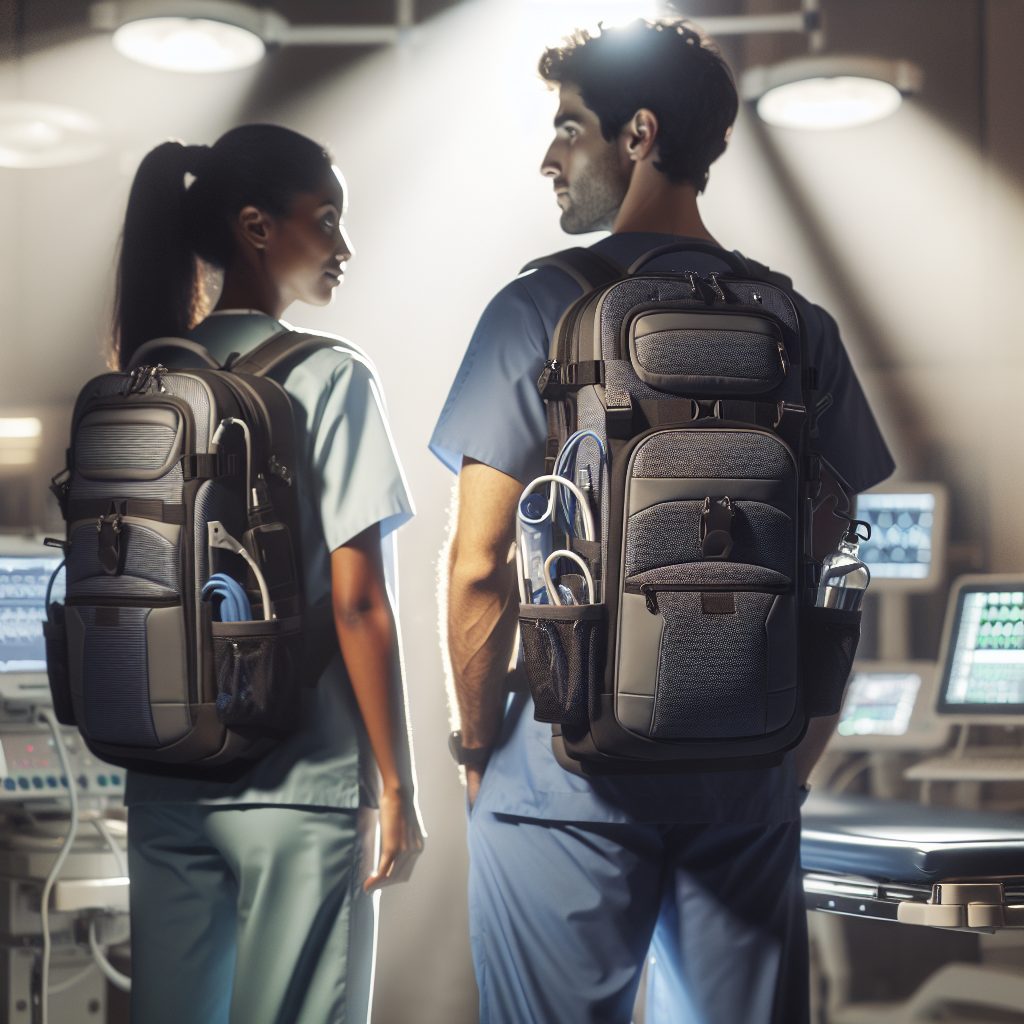 Imagine a hospital scene where a Hispanic male nurse and a Middle-Eastern female doctor are having a conversation. They are surrounded by medical equipment, in a brightly lit environment. On their back, they are both carrying ergonomic backpacks, uniquely designed for hospital work. These backpacks are smartly compartmentalized, featuring pockets for medical tools, zippers for easy access and padded straps for comfort. The backpacks not only enhance their professional look but also reflect how effortlessly they are able to carry out their tasks. Light reflects on the high-quality materials of the backpacks suggesting durable finish.